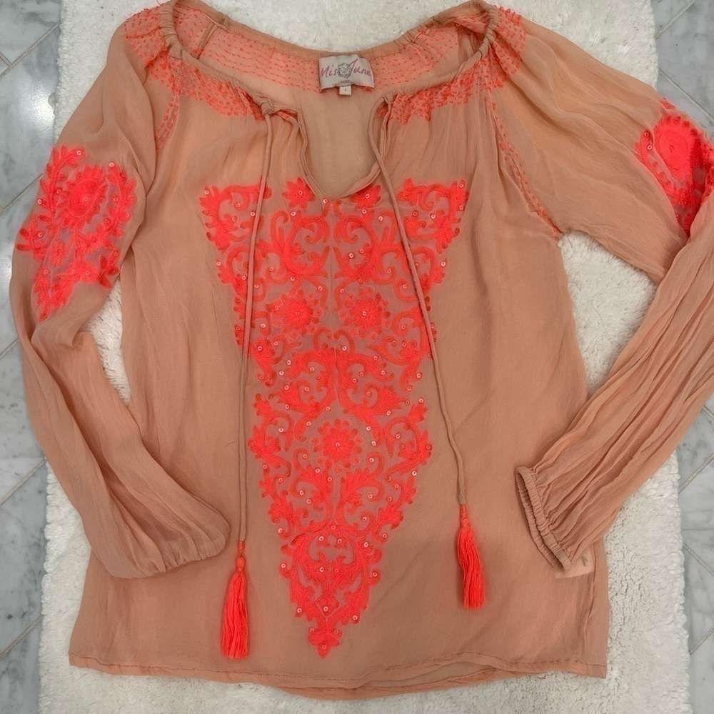 MISS JUNE PARIS Gorgeous Boho Embroidered Sheer W/ Tassels VGUC Size Small Or 1